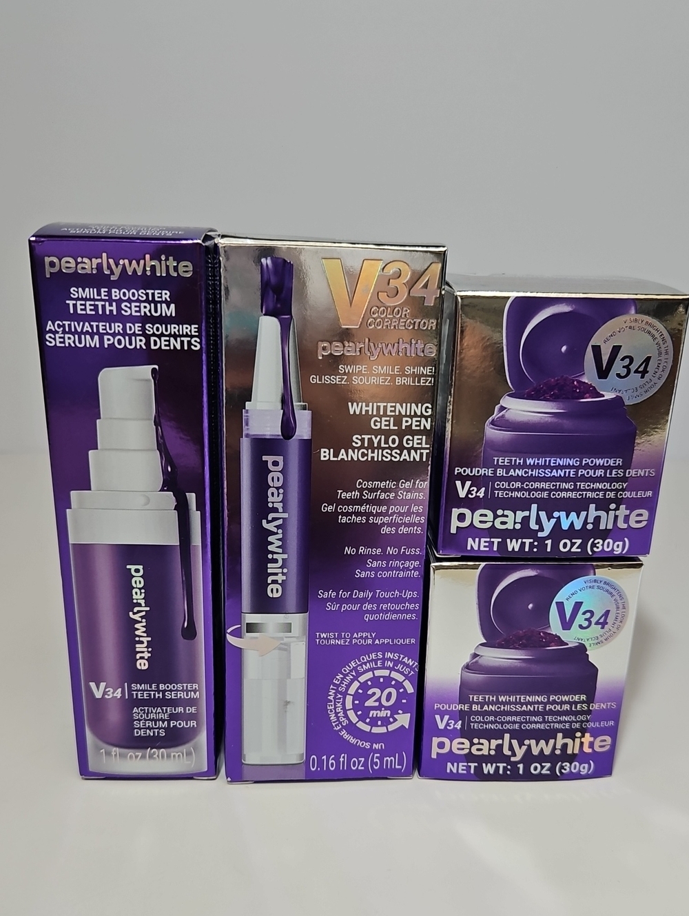 V34 PEARLYWHITE TEETH COLOR CORRECTOR SET 4-PIECES GEL PEN. BOOSTER SERUM & POWD
